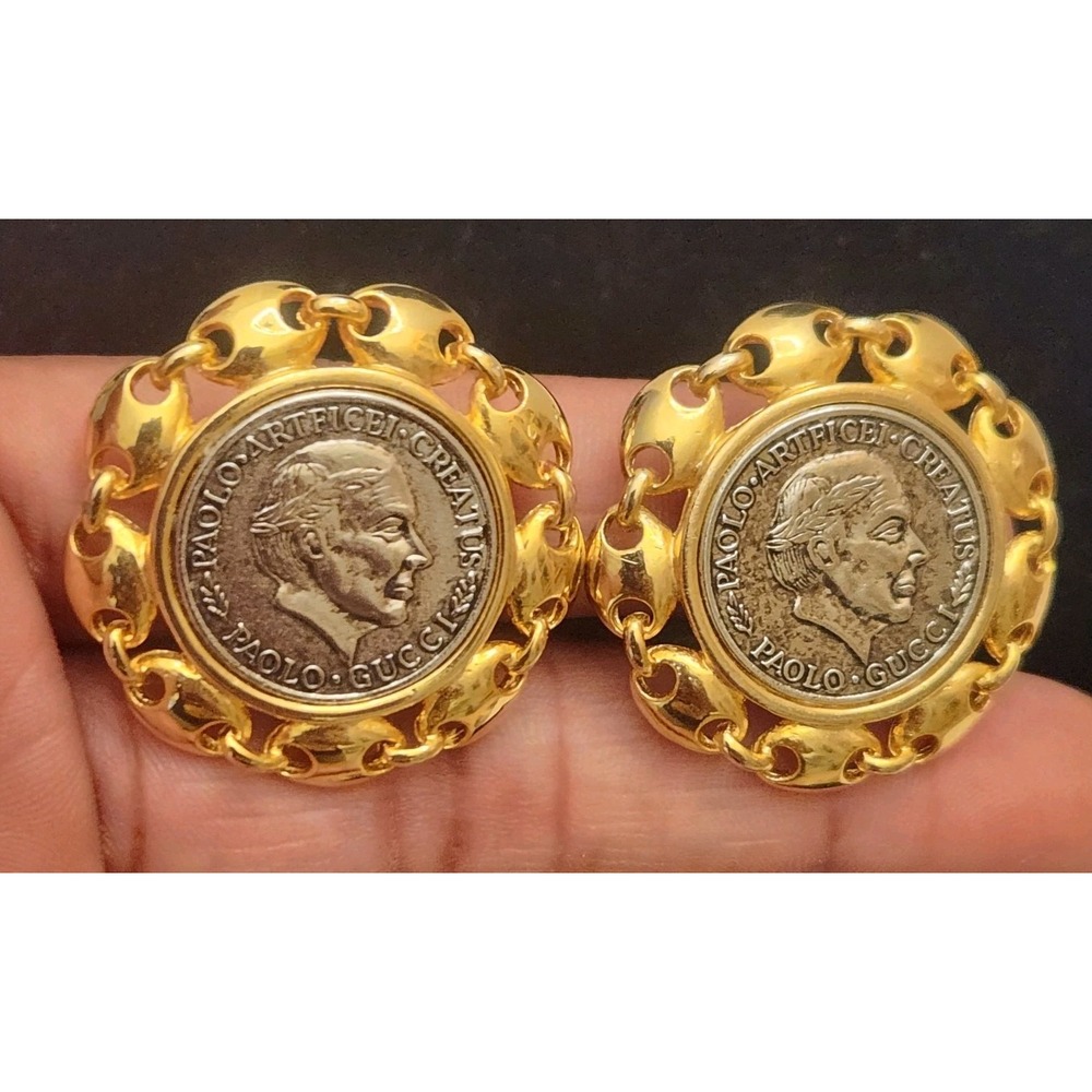 Vintage‎  Paolo Gucci Gold Silver Italy Coin Chunky Clip On Earrings